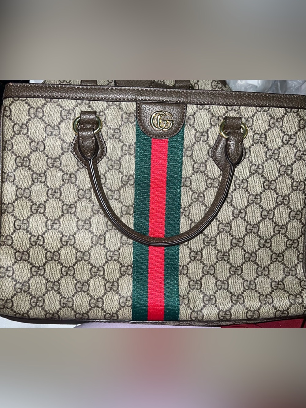 Brown Monogram Canvas Top-Handle Bag with Green & Red Stripe